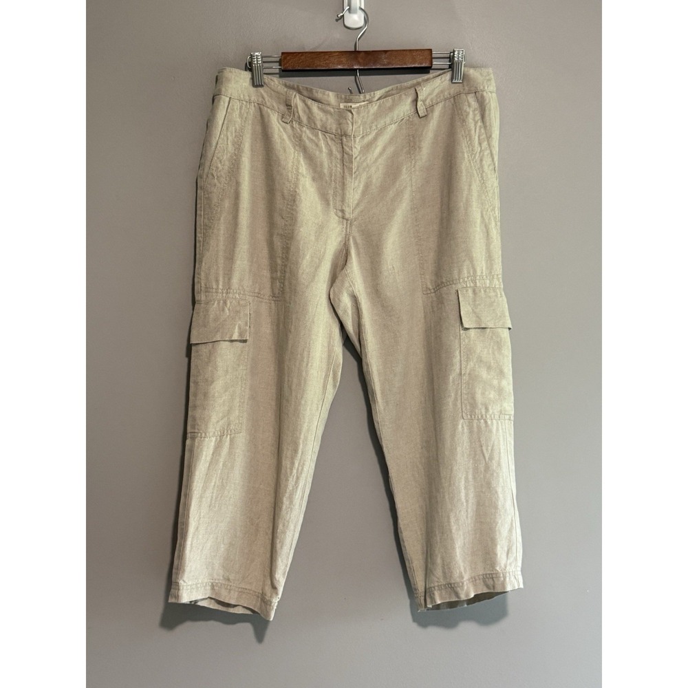 Eileen Fisher Linen Cargo Crop Pants Straight Casual Beach Beige Coastal Size 12